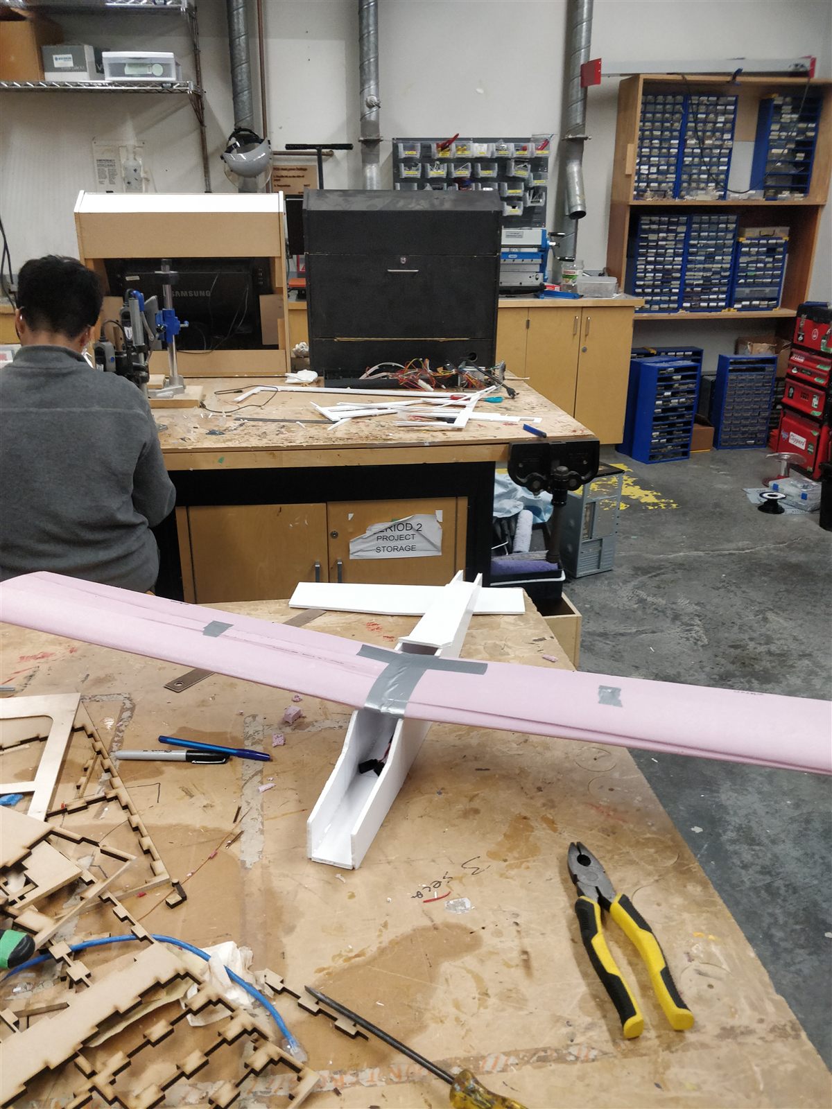 Wing and fuselage frame on the workbench